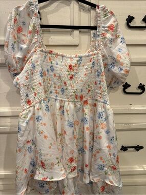 Women’s Floral Smocked Puff-Sleeve Romper - White with Pastel Flowers